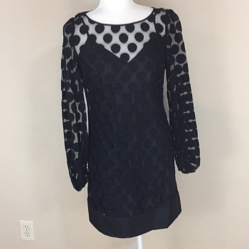 Laundry By Shelli Segal Black Polka Dot Mesh Long-Sleeve Dress